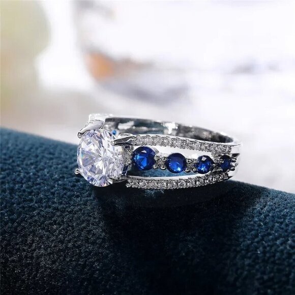 NIP Luxurious Banquet Creative Hollow out Sapphire Blue Zircon Ring  - Size 7.5 - Picture 7 of 8